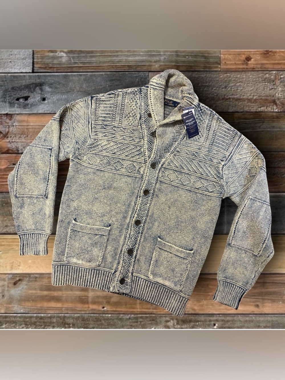 Ralph Lauren Beige and Navy Shawl Collar Button Cardigan Sweater
